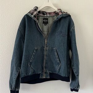 BoohooMan Blue Denim Jacket with Plaid Hood